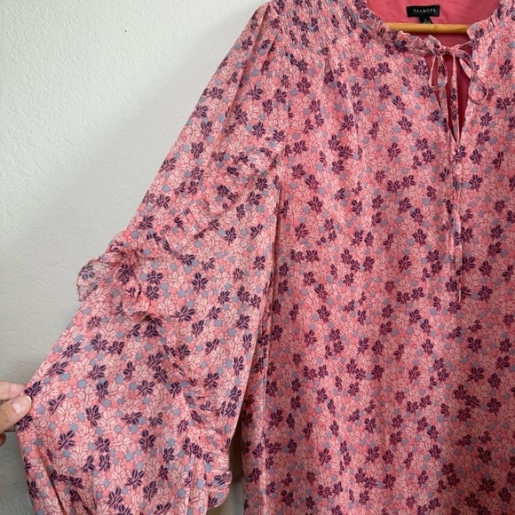 Talbots Pink Floral Ruffle Long Sleeve Sheer Overlay Whimsical Shirt Blouse Top - Picture 2 of 10